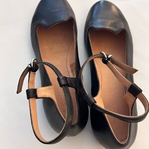 Women’s Viola Fonti, soft, black leather ballet flats with leather ankle strap.